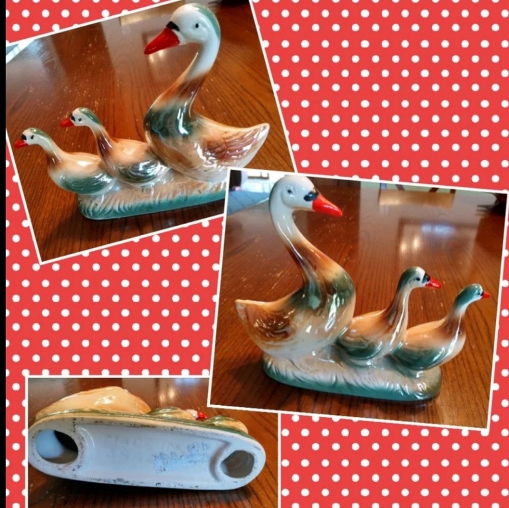 Vtg Porcelain Girl & Geese Figure Vtg duck trio figurine lustreware Braz…
